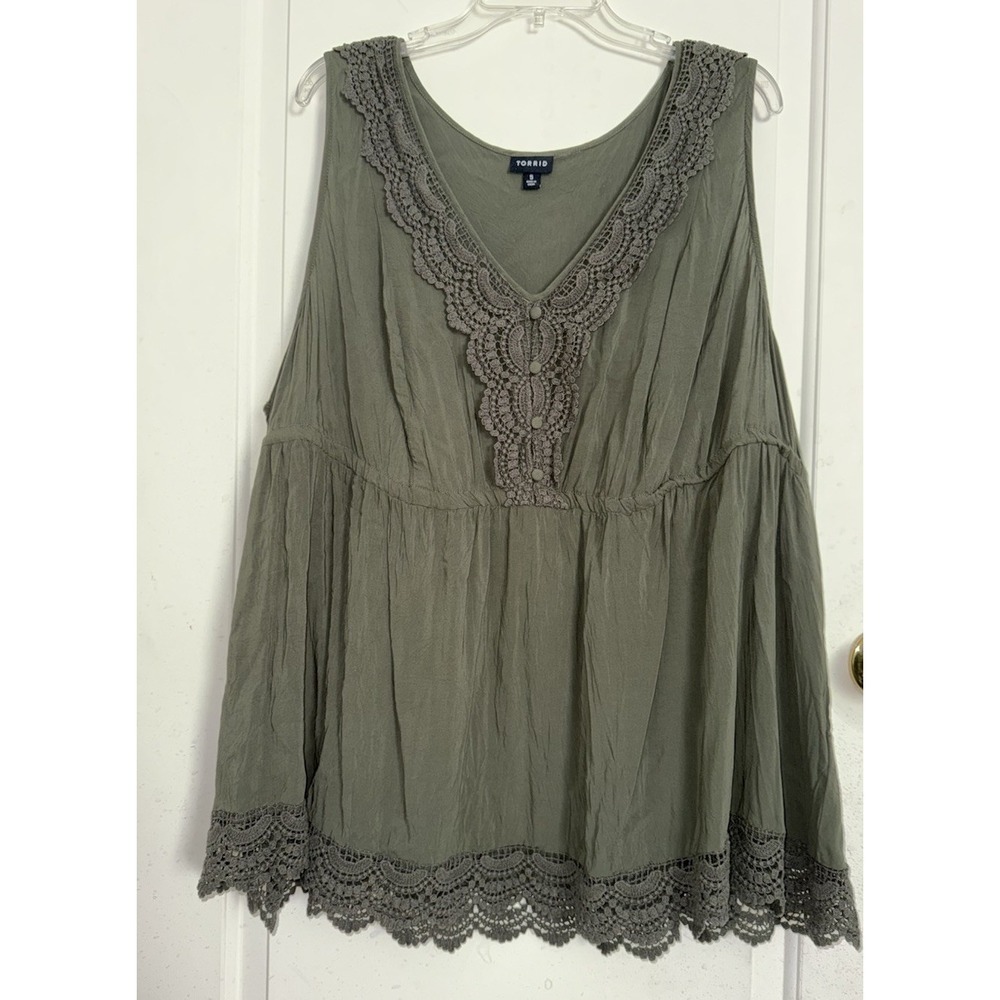 Torrid Shirt Top Women's 5X Dark Green Lace Trim Sleeveless Boho‎ Tunic Babydoll